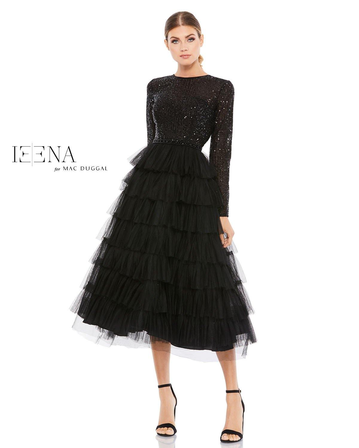 Mac Duggal Petite Long Sleeve Ruffle Tiered Midi Dress In Black, Size 4 Mac Duggal Petite Long Sleeve Ruffle Tiered Midi Dress In Black, Size 4