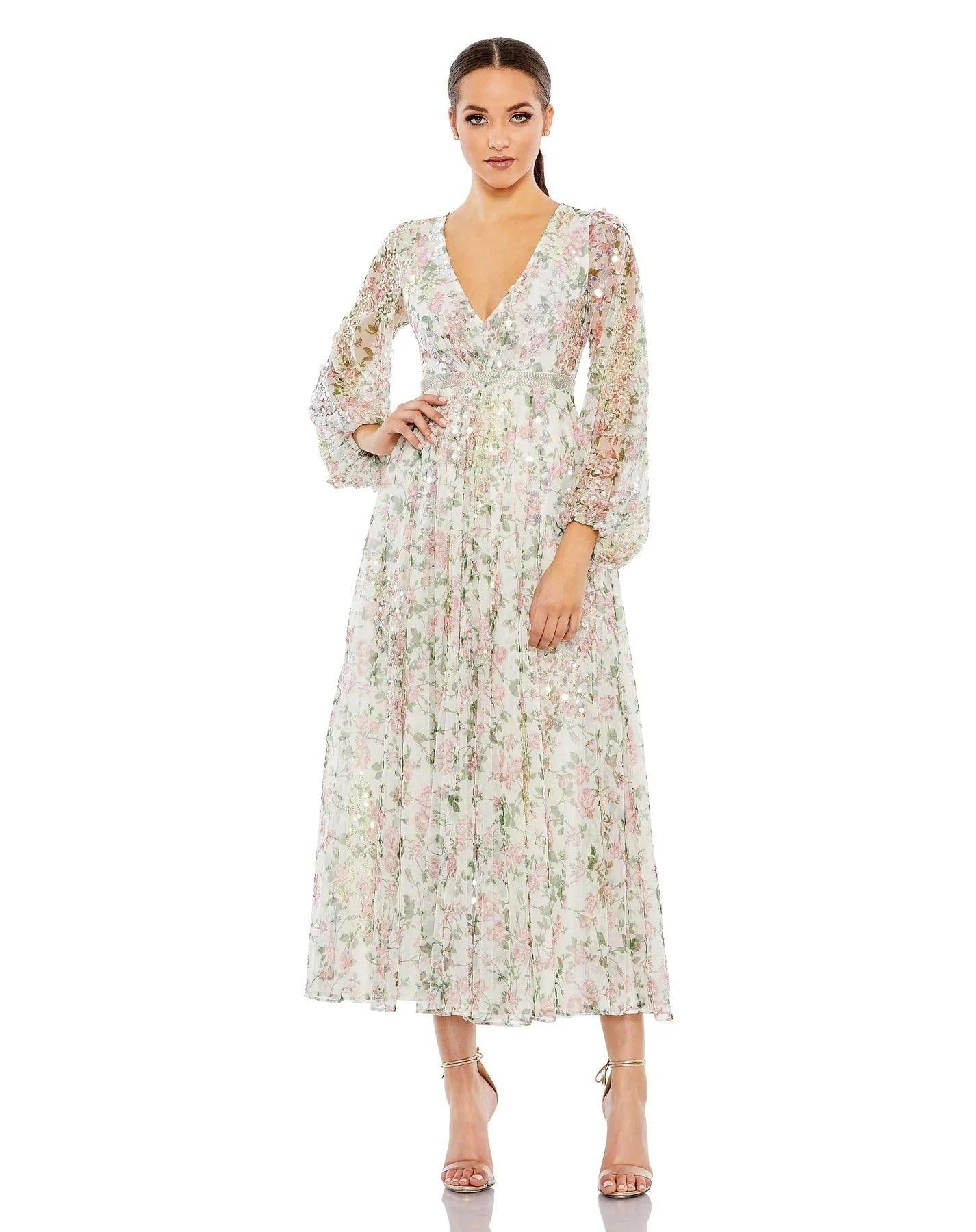 Mac Duggal Long Sleeve Formal Tea Length Dress 93788 - The Dress Outlet