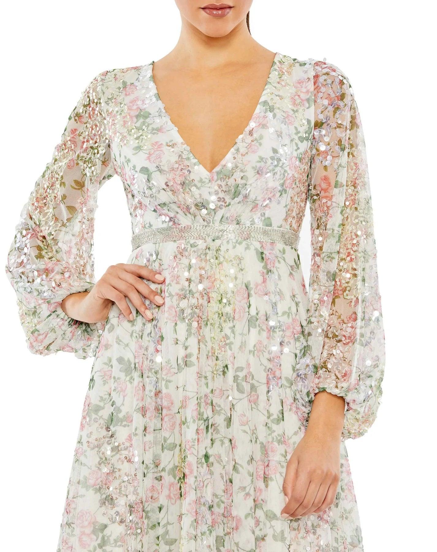 Mac Duggal Long Sleeve Formal Tea Length Dress 93788 - The Dress Outlet