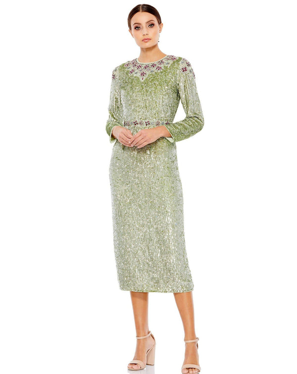 Long Sleeve Floral Beaded Tea Length Dress Floral Beaded Detail Mac Duggal 93568