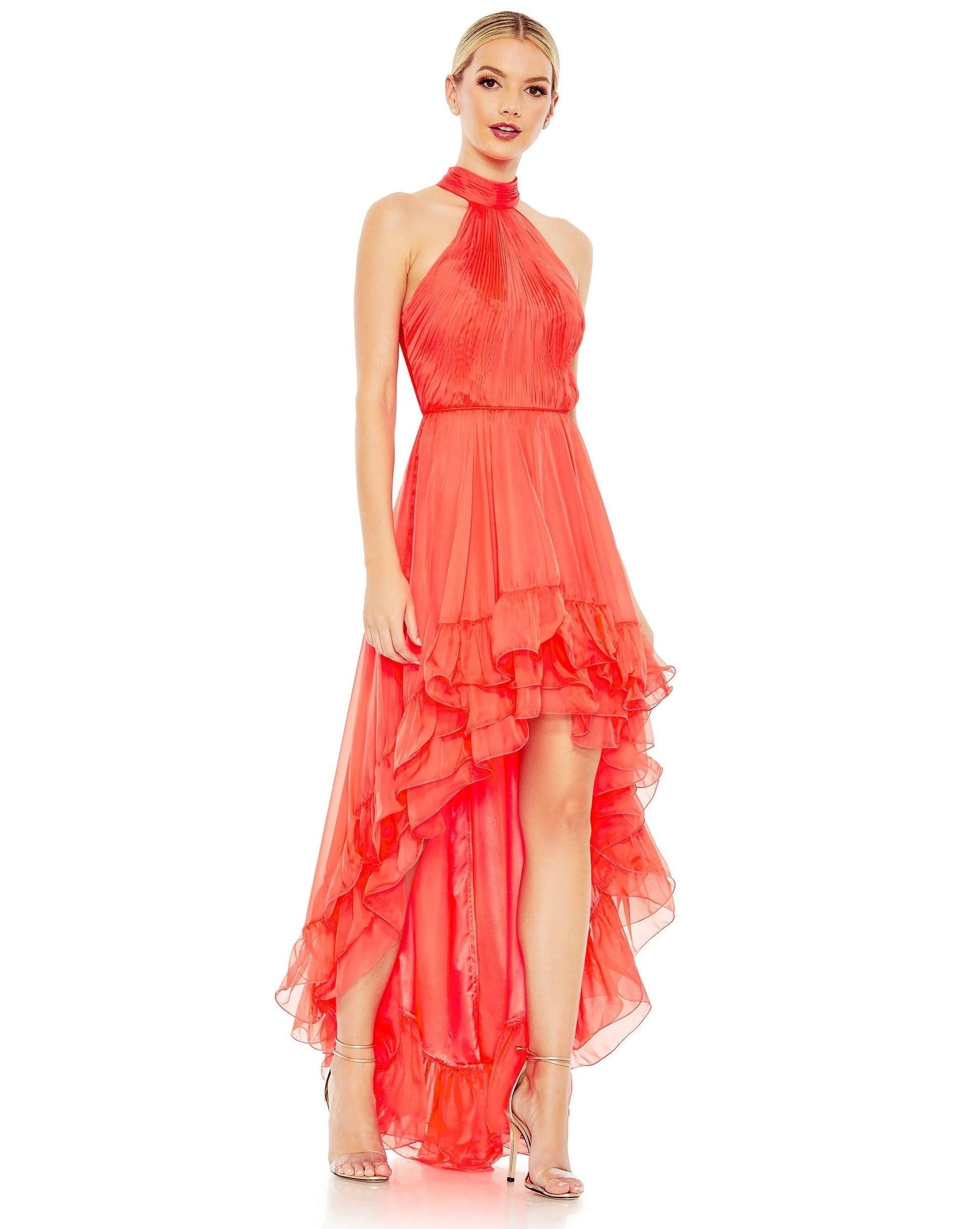Mac Duggal Prom High Low Pleated Halter Gown 55807 - The Dress Outlet