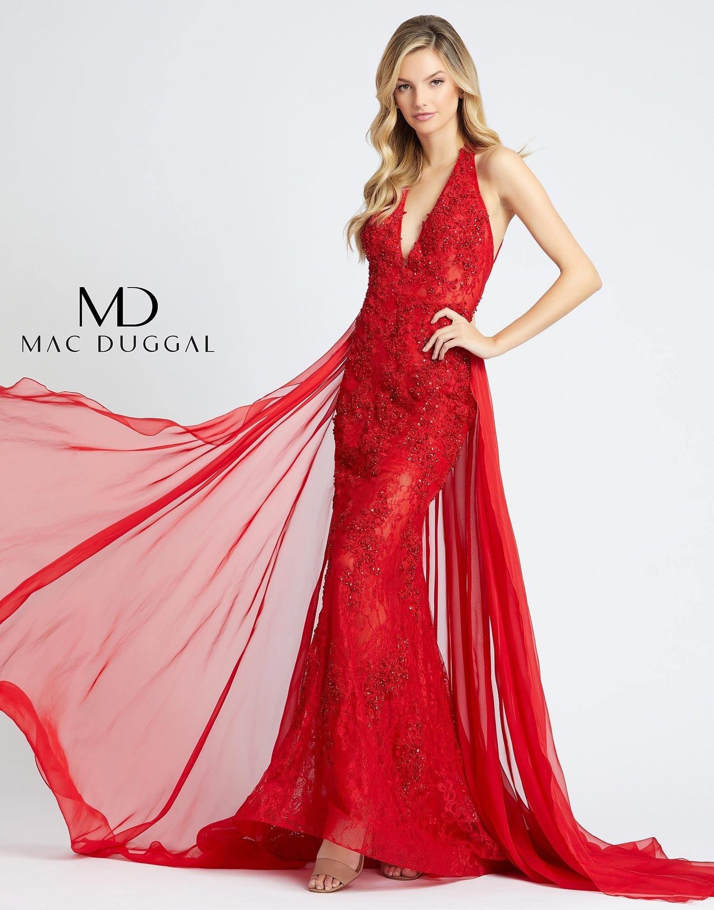 Mac Duggal Prom Long Halter Lace Chiffon Gown 66573D - The Dress Outlet