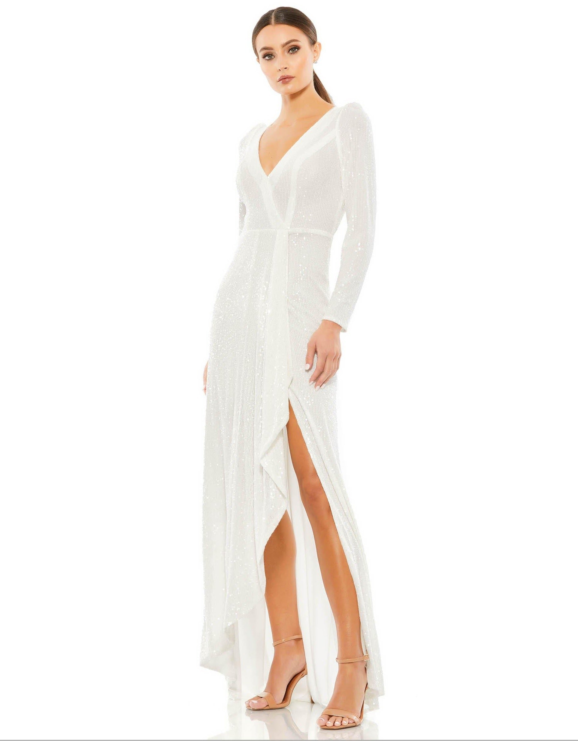 mac duggal white dress Prom Long Sleeve High Low Dress High Low Detail Mac Duggal 26395 – The Dress Outlet