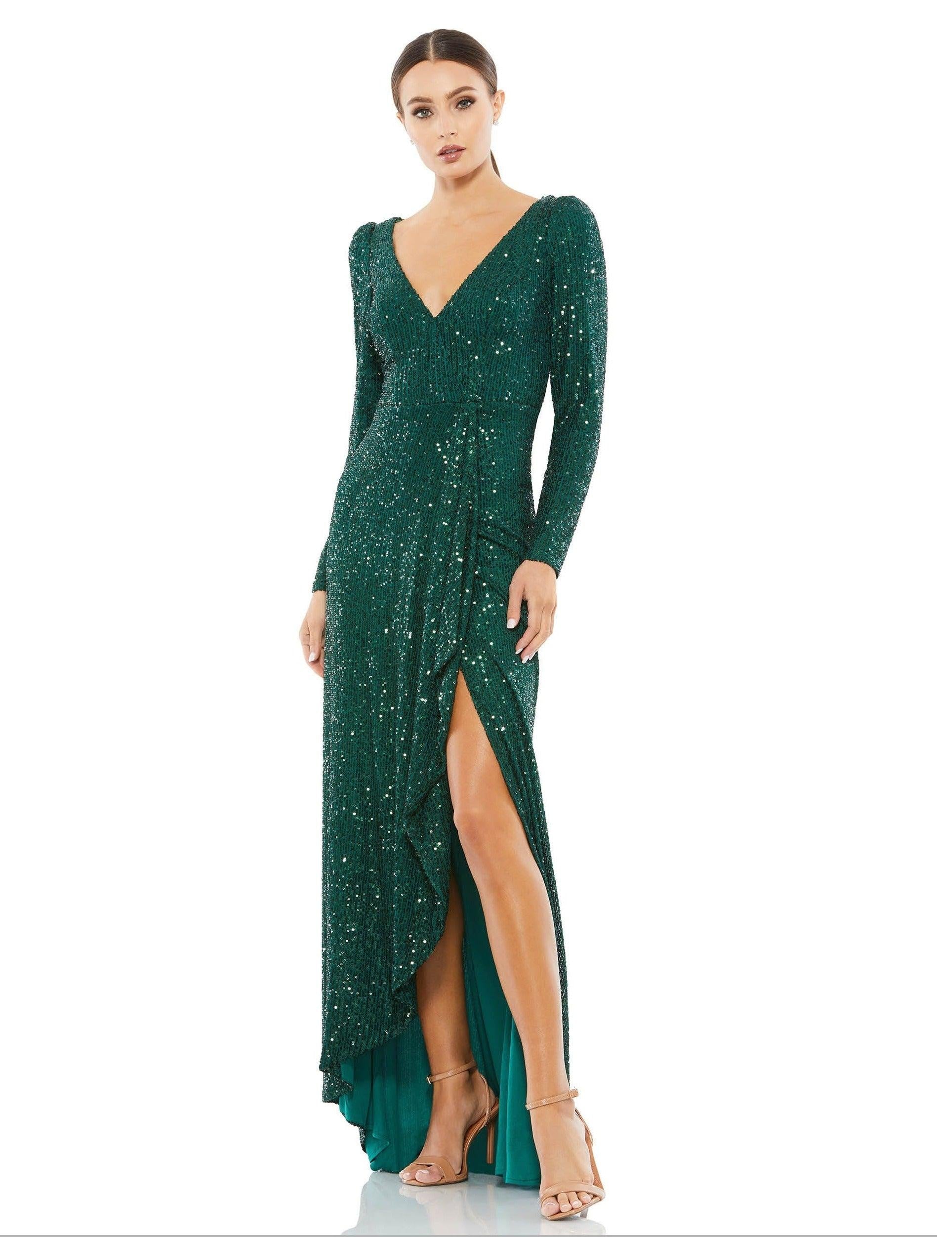 Mac Duggal Prom Long Sleeve High Low Dress Emerald