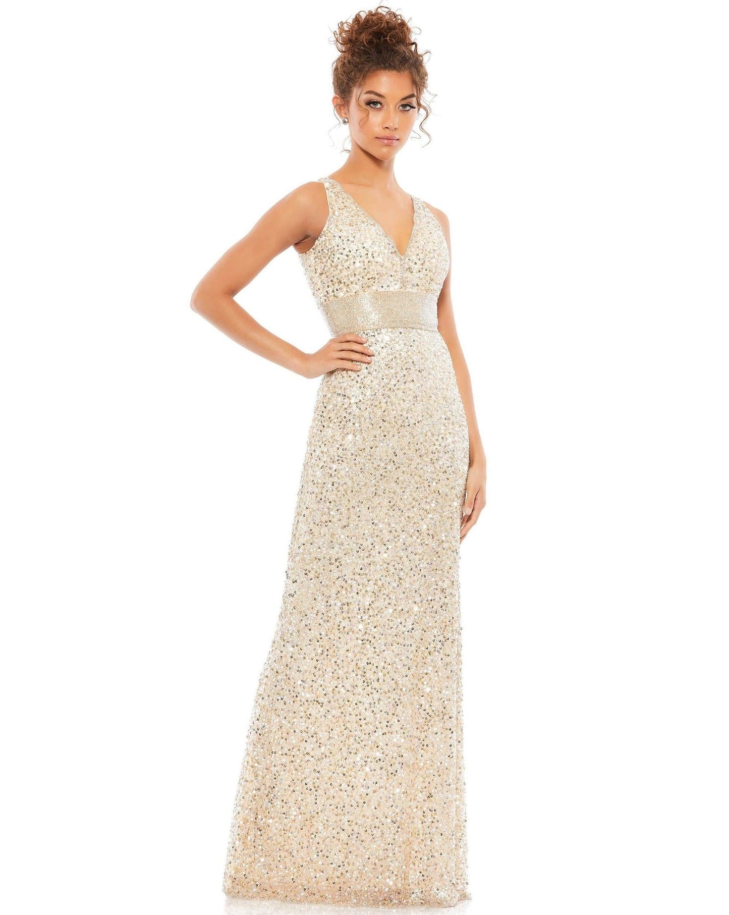 Mac Duggal Prom Long Sleeveless Evening Gown Nude Gold