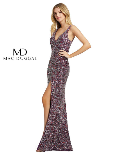 Mac Duggal Prom Long Sleeveless High Slit Gown Plum/Multi