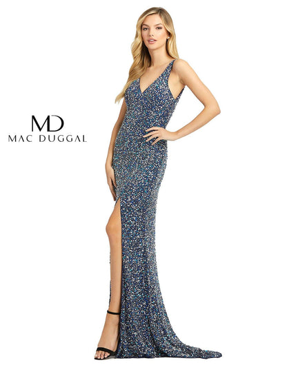 Mac Duggal Prom Long Sleeveless High Slit Gown Navy/Multi