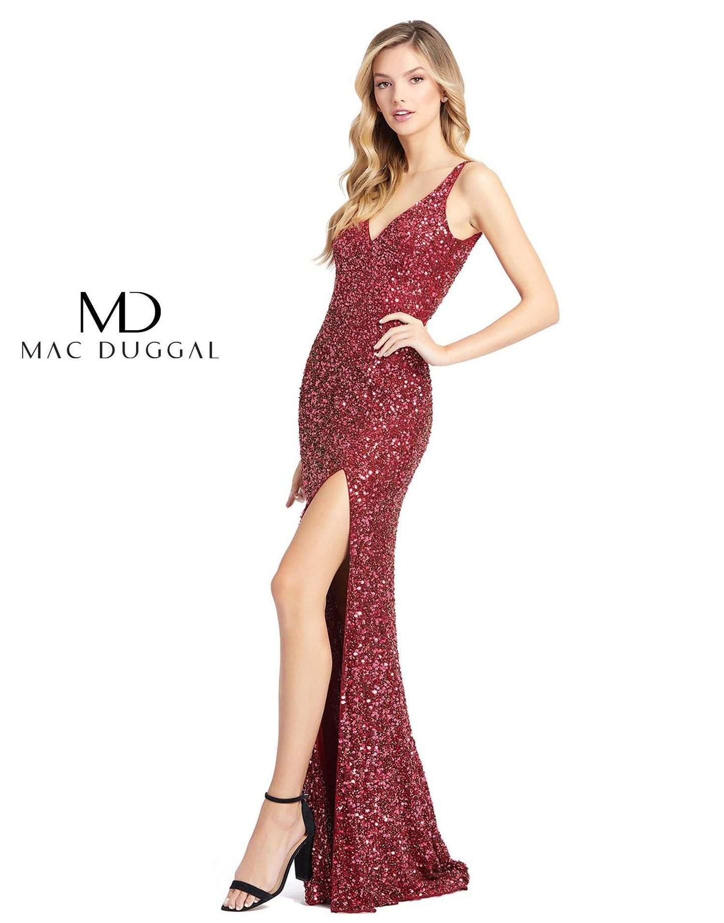 Mac Duggal Prom Long Sleeveless High Slit Gown Chilli Pepper