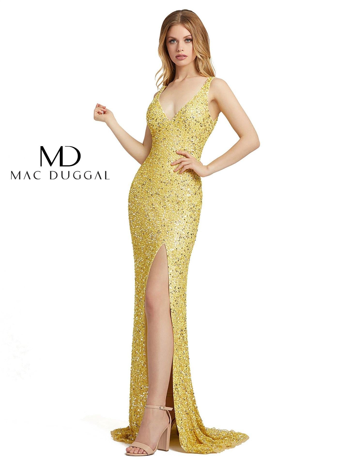 Mac Duggal Prom Long Sleeveless High Slit Gown Lemon/Multi