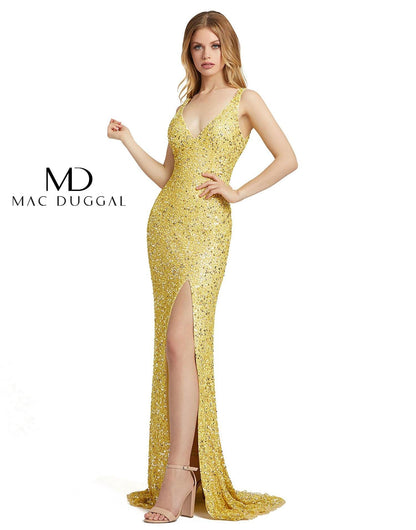 Mac Duggal Prom Long Sleeveless High Slit Gown Lemon/Multi