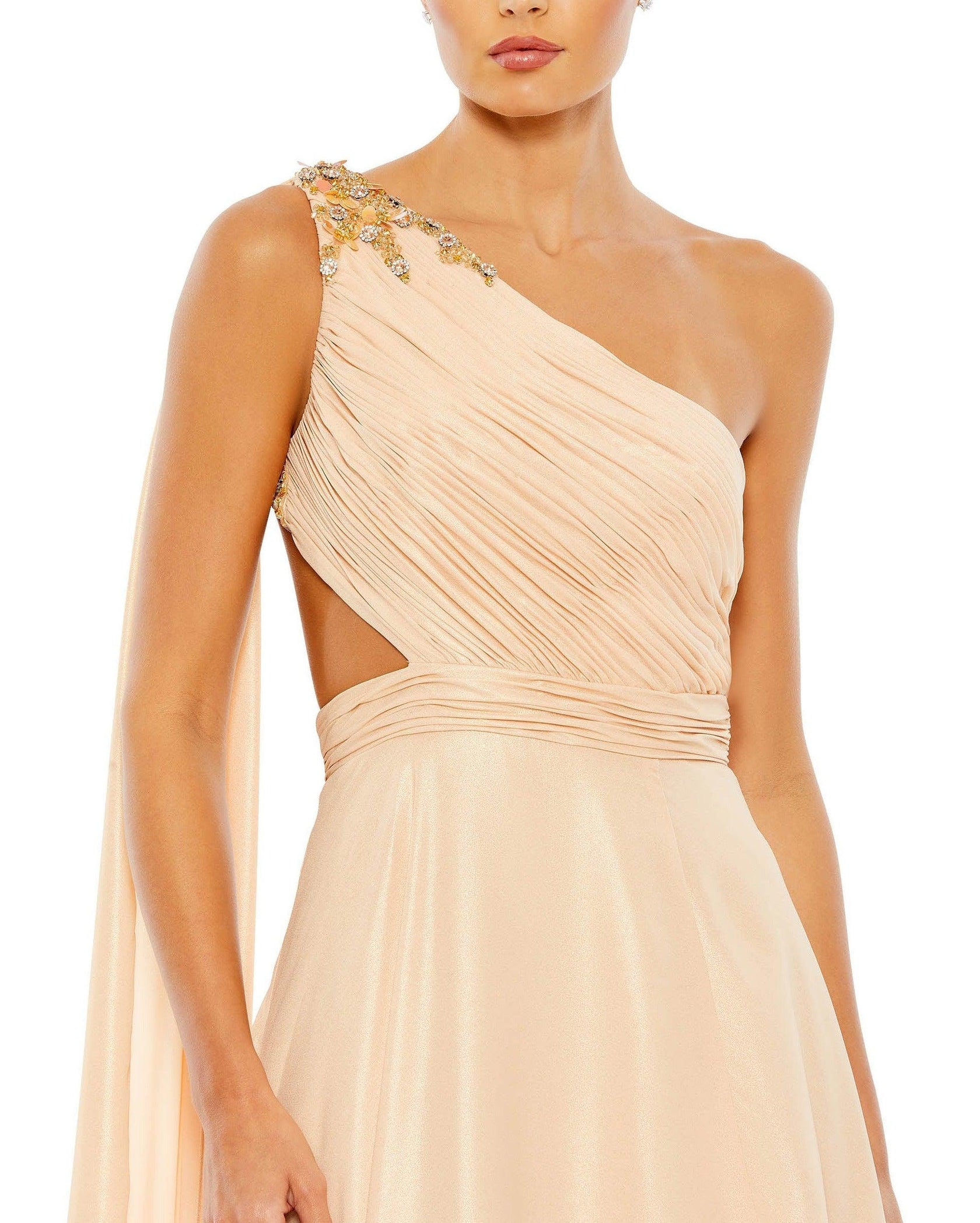 Gold Nude Mac Duggal 68053 Prom One Shoulder Long Formal Gown for $398. ...