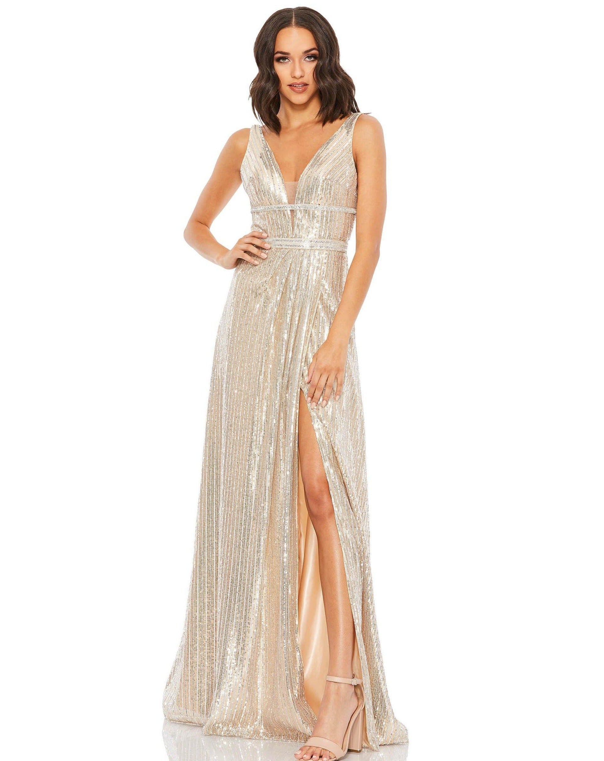 Mac Duggal Prom Sleeveless Long Formal Gown Nude Silver