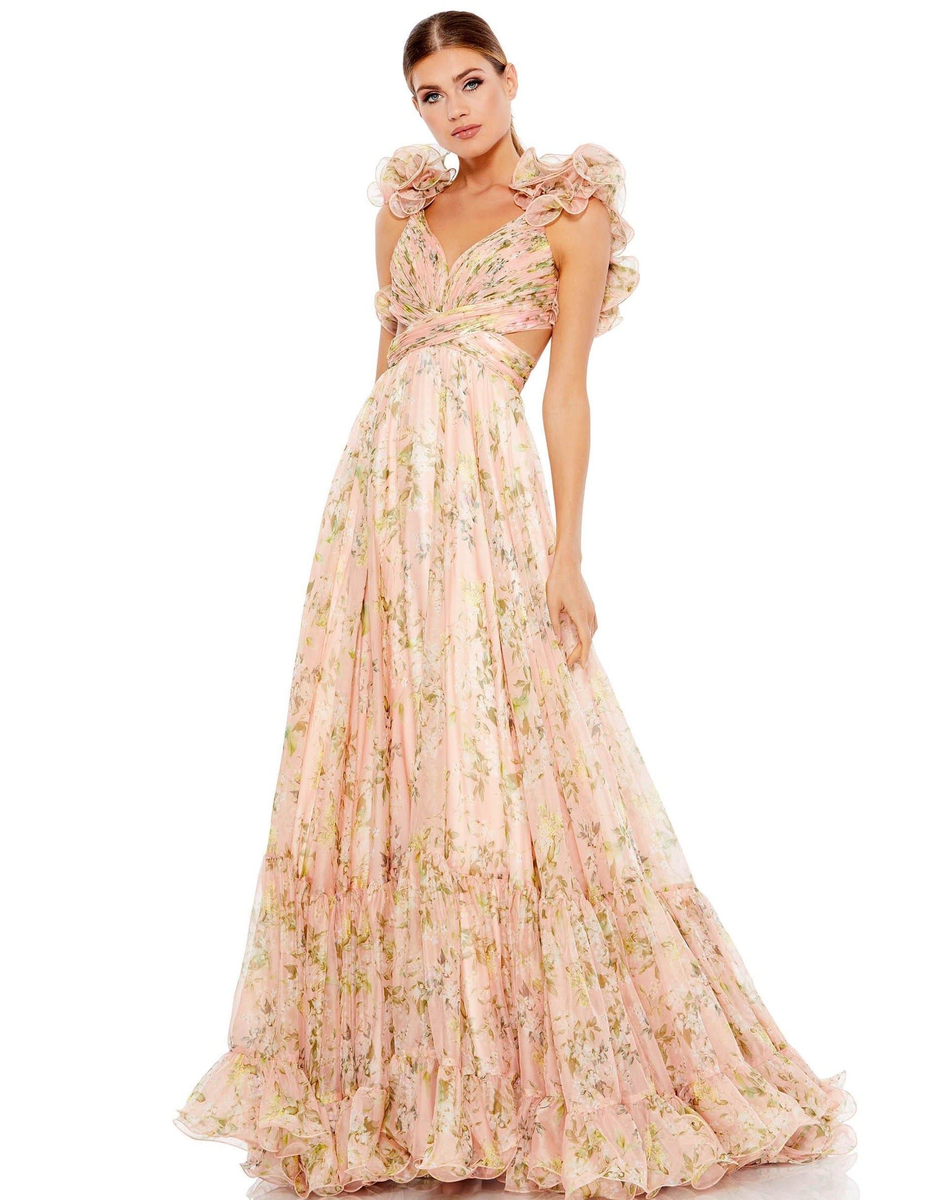 Mac Duggal Ruffle Tiered Floral Cut-Out Chiffon Gown - Pink Multi - 14 Mac Duggal Ruffle Tiered Floral Cut-Out Chiffon Gown - Pink Multi - 14