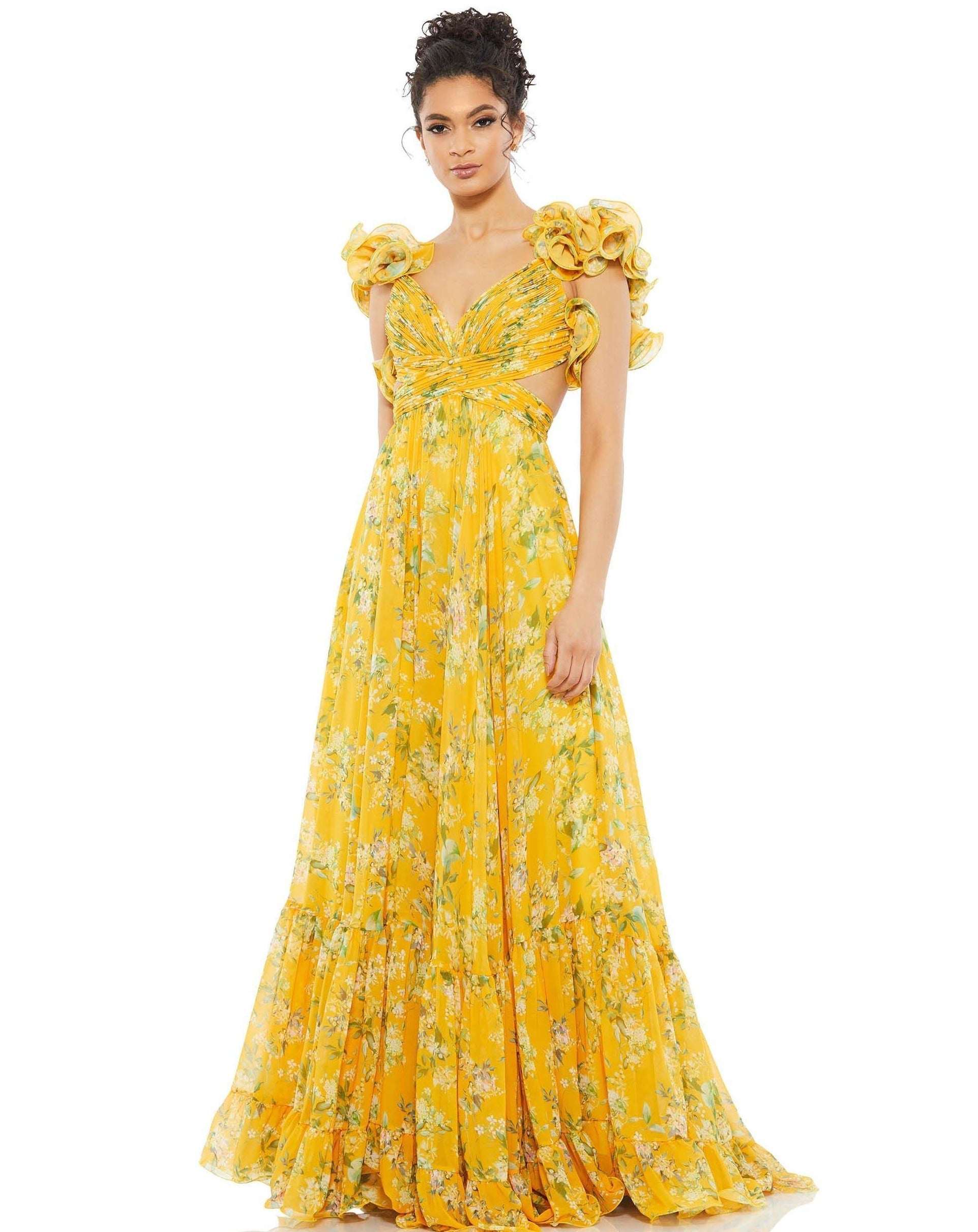 Mac Duggal Ruffled Floral Cut-Out Chiffon Gown 67803 - The Dress Outlet