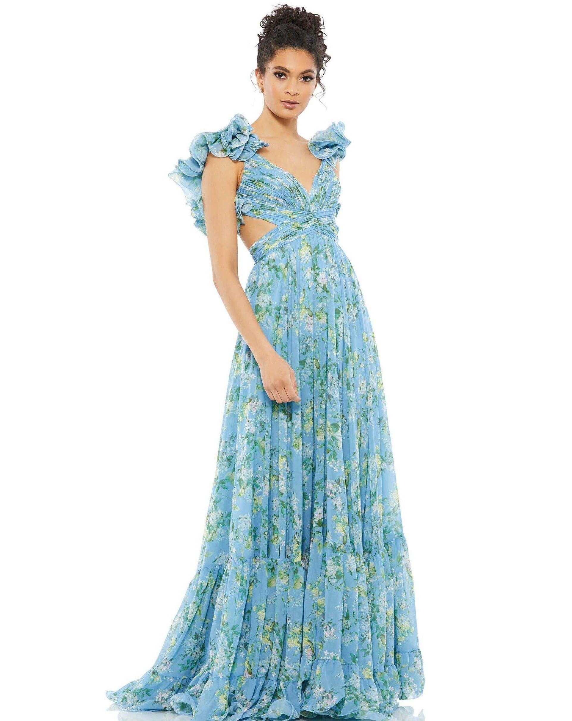 Mac Duggal Ruffled Floral Cut-Out Chiffon Gown 67803 - The Dress Outlet