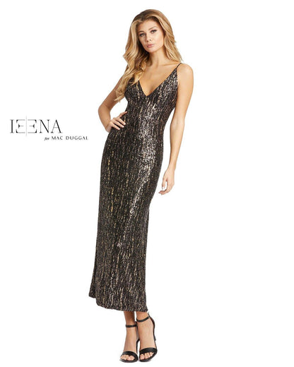 Mac Duggal Sequined Metallic V-Neck Midi Dress 26447 - The Dress Outlet