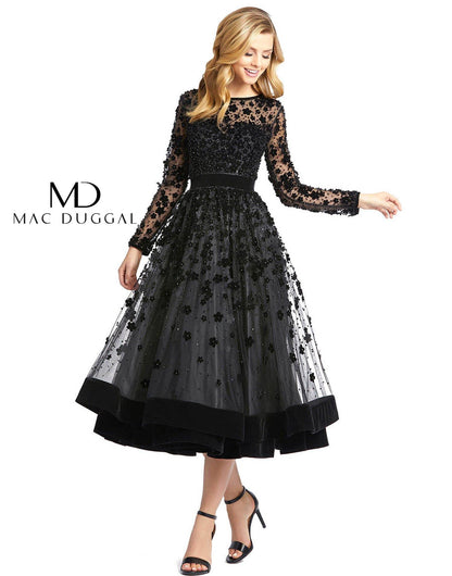 Mac Duggal Sheer Long Sleeve A Line Short Dress - The Dress Outlet