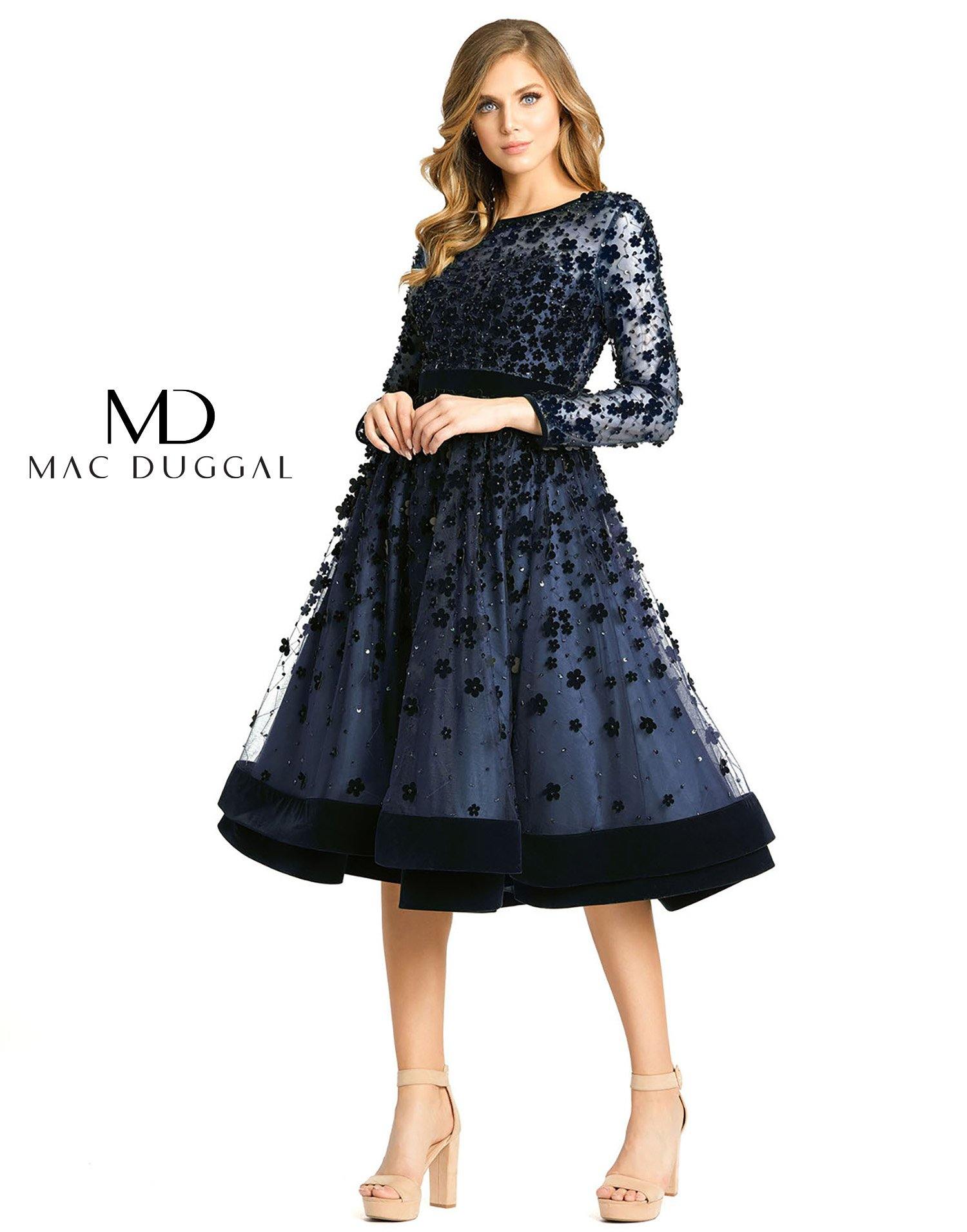 Mac Duggal Sheer Long Sleeve A Line Short Dress - The Dress Outlet