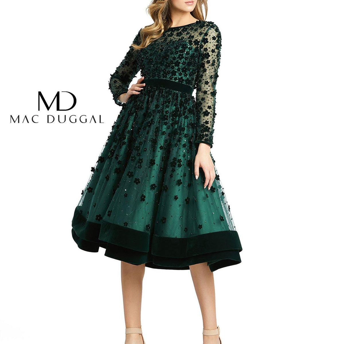 gabriella long sleeve maxi dress - orange/combo Mac Duggal - Green Embellished Long Sleeve Velvet Trim A-Line Midi Dress