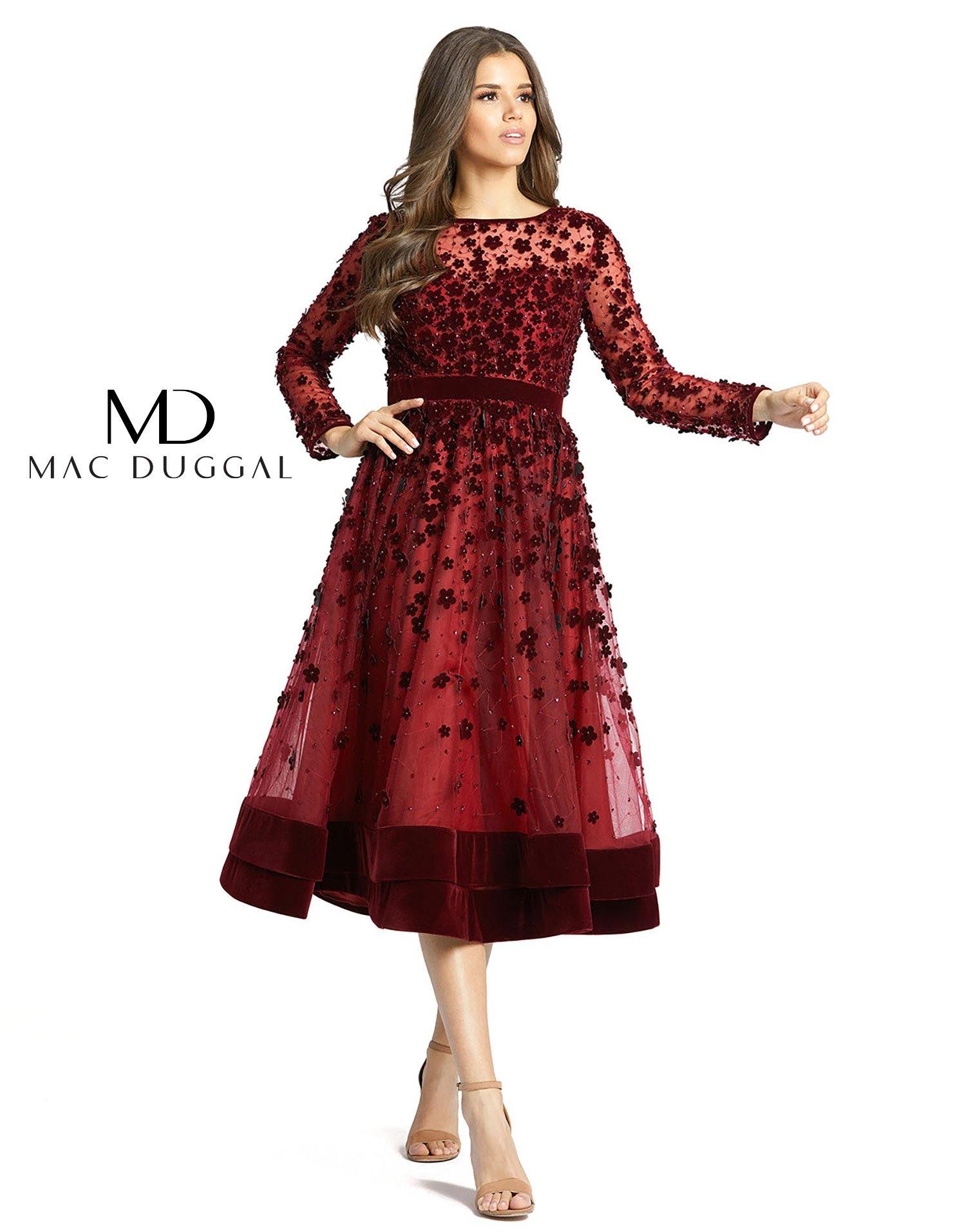 Mac Duggal - Green Embellished Long Sleeve Velvet Trim A-Line Midi Dress - US 6 Mac Duggal - Green Embellished Long Sleeve Velvet Trim A-Line Midi Dress - US 6