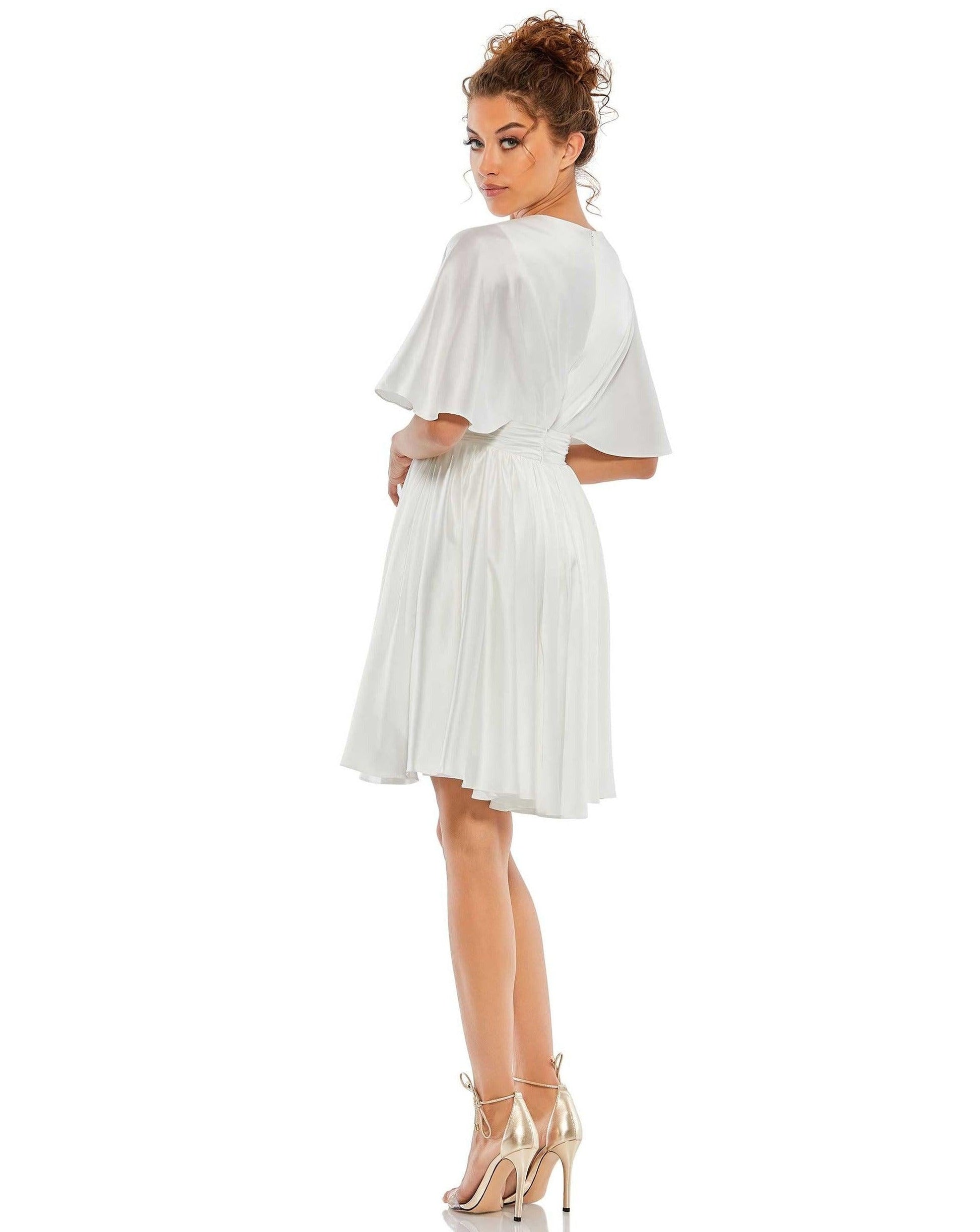 Mac Duggal 26605 Short Cape Sleeve Satin Dress