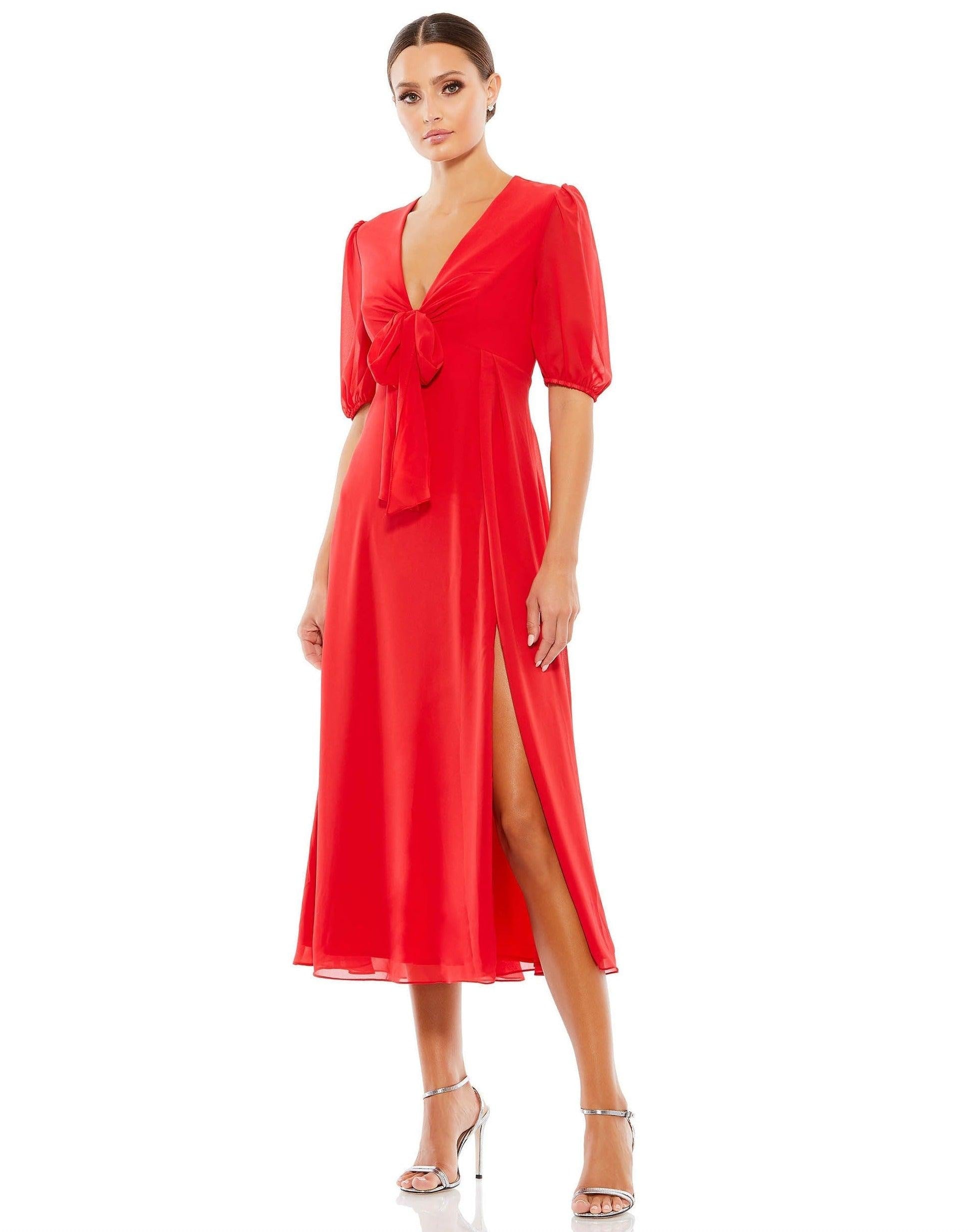 mac duggal short red dress Red Strapless Mini Dress With 3D Rosette