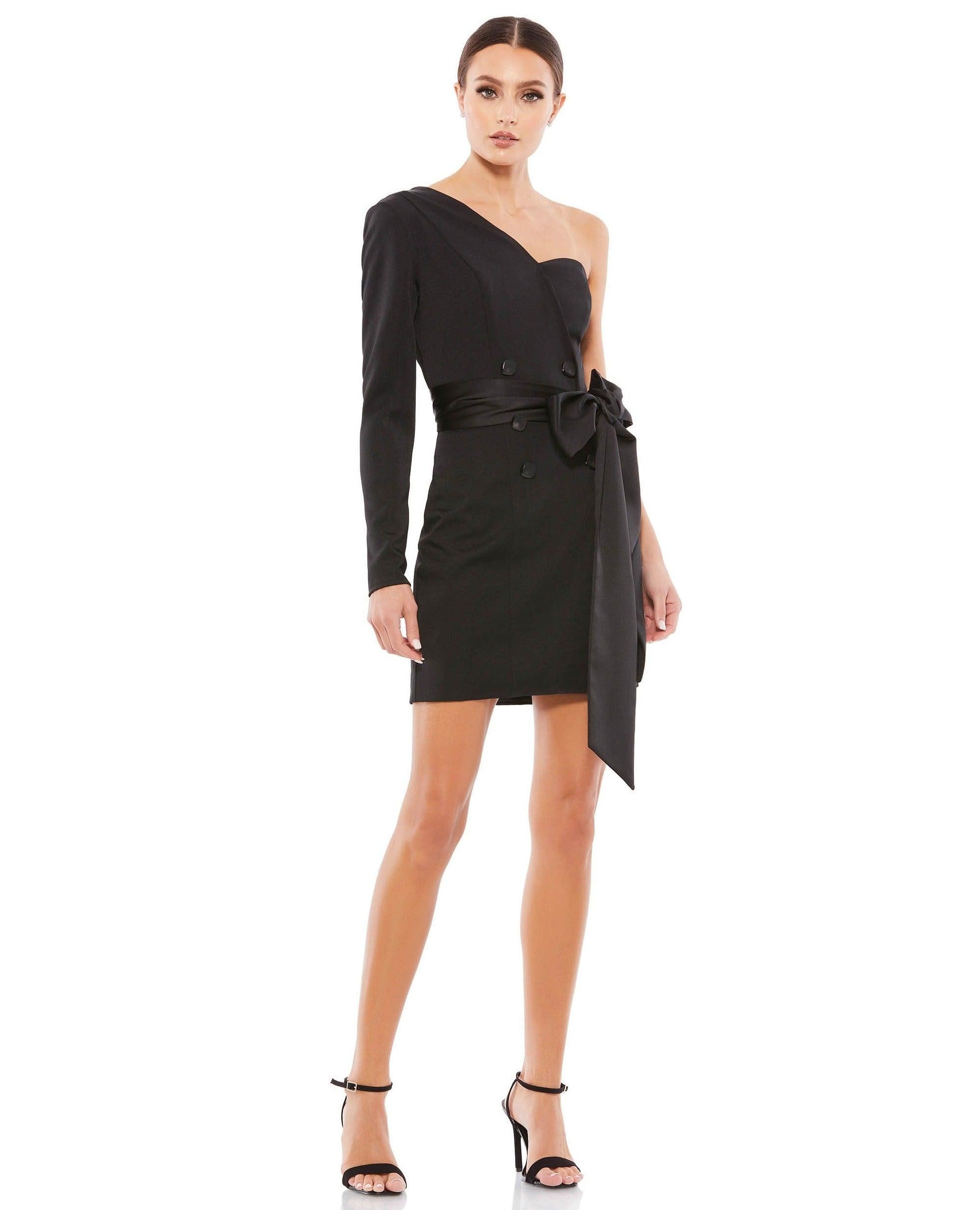 one shoulder black dress short Mac Duggal 12509 Short One Shoulder Tuxedo Dress