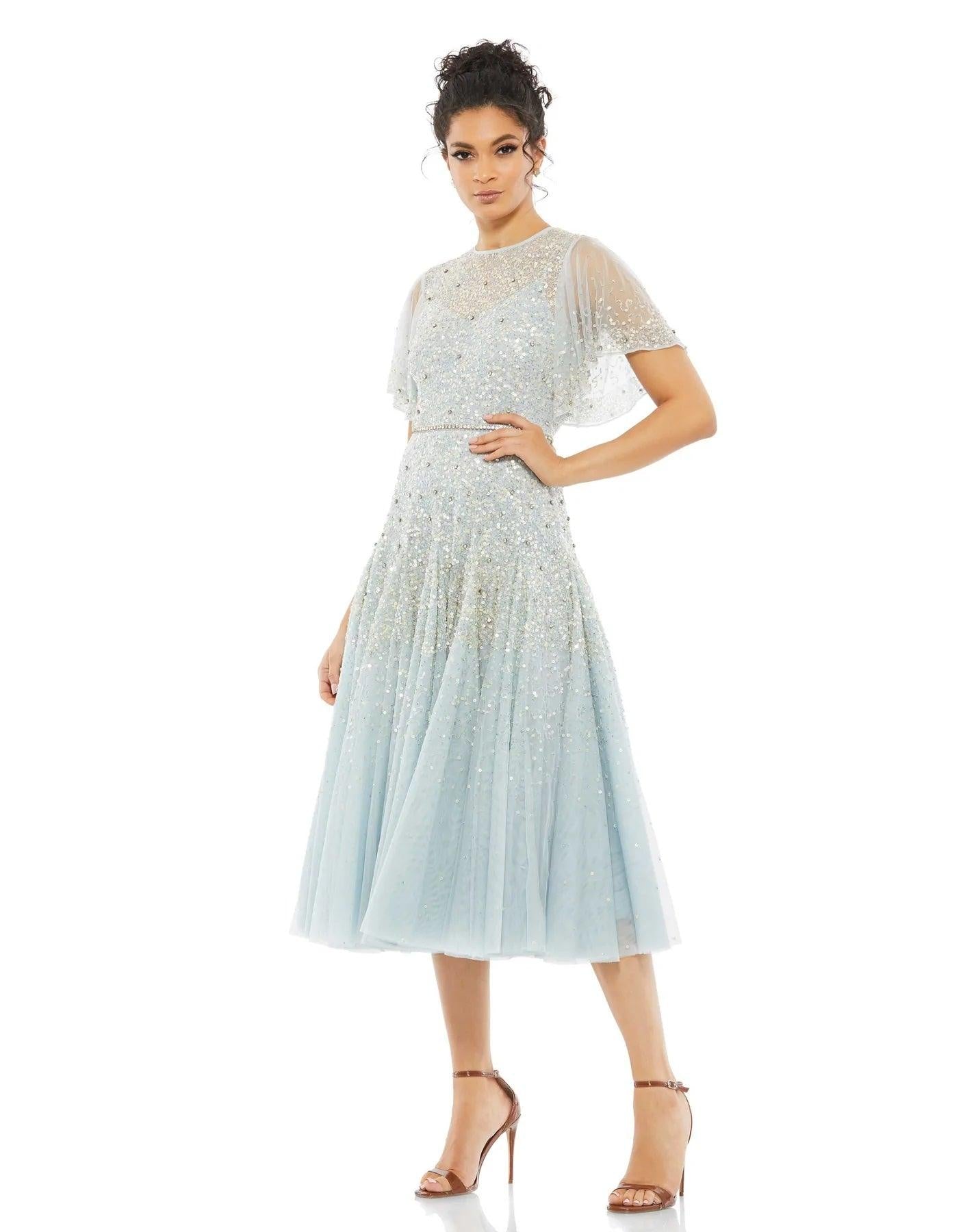 Mac Duggal Short Sleeve Tea Length Dress 93655 - The Dress Outlet
