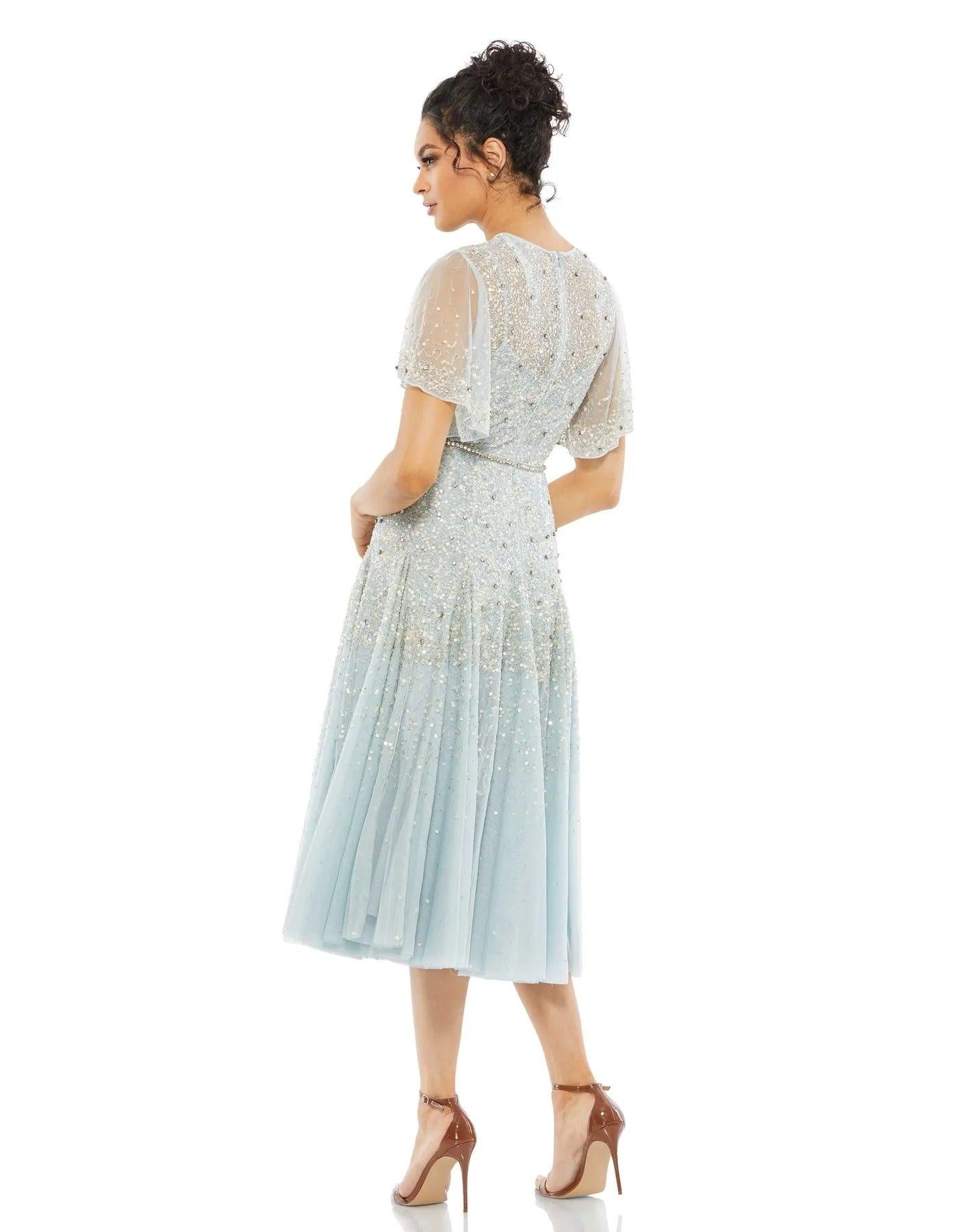 Mac Duggal Short Sleeve Tea Length Dress 93655 - The Dress Outlet
