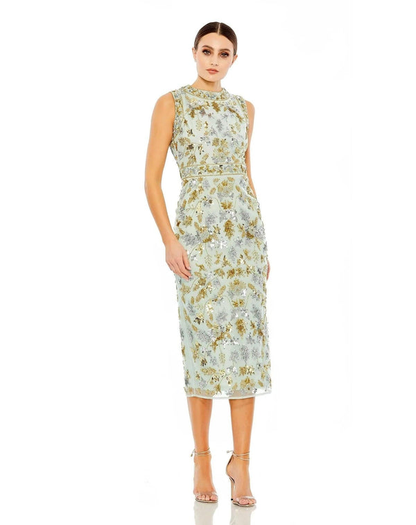 Sleeveless Floral Tea Length Dress Floral Detail Mac Duggal 93761