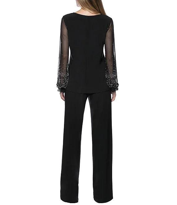 Marina Formal Beaded Long Sleeve Two Piece Pant Set - The Dress Outlet