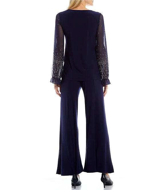 Marina Formal Beaded Long Sleeve Two Piece Pant Set