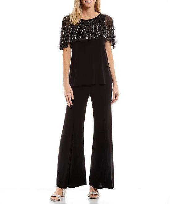 Marina Formal Beaded Short capelet Sleeve Pant Set - The Dress Outlet