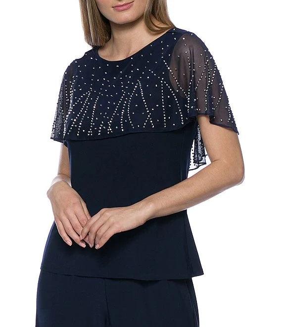 Marina Formal Beaded Short capelet Sleeve Pant Set