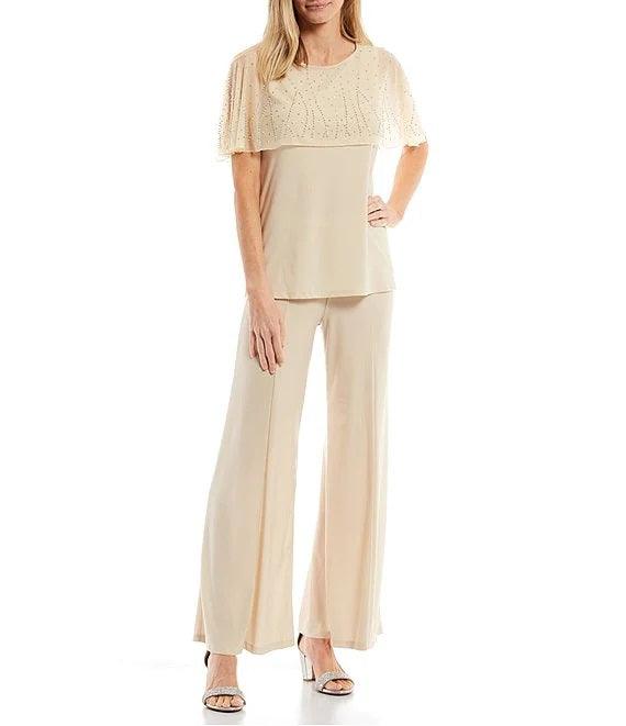 Marina Formal Beaded Short capelet Sleeve Pant Set