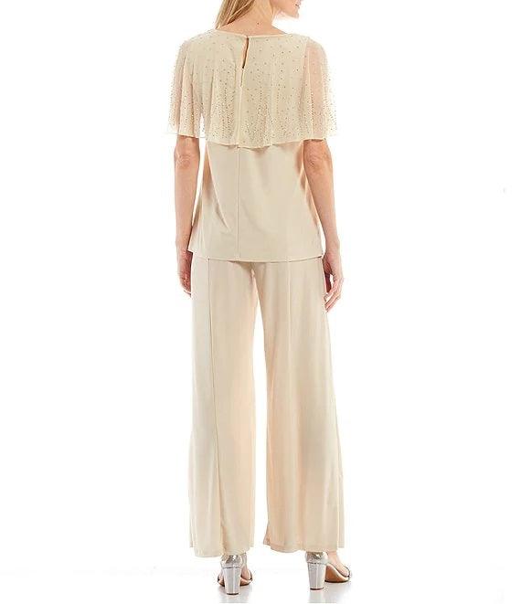 Marina Formal Beaded Short capelet Sleeve Pant Set