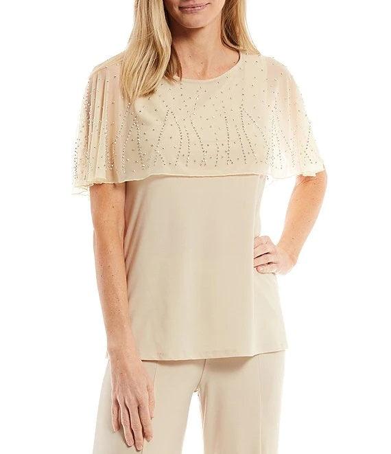 Marina Formal Beaded Short capelet Sleeve Pant Set