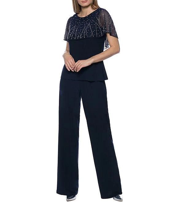 Marina Formal Beaded Short capelet Sleeve Pant Set