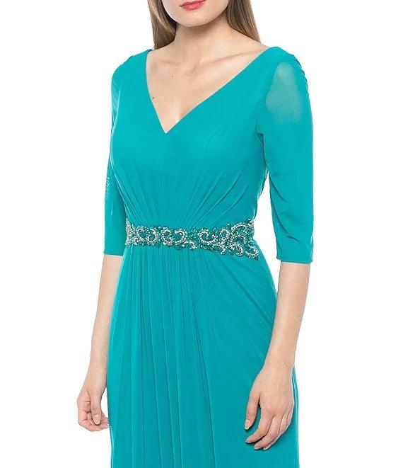 Marina Long Formal 3/4 Sleeve Pleated Chiffon Gown
