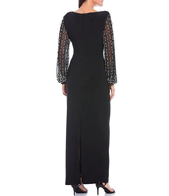Marina Long Sleeve Formal Beaded Chiffon Dress