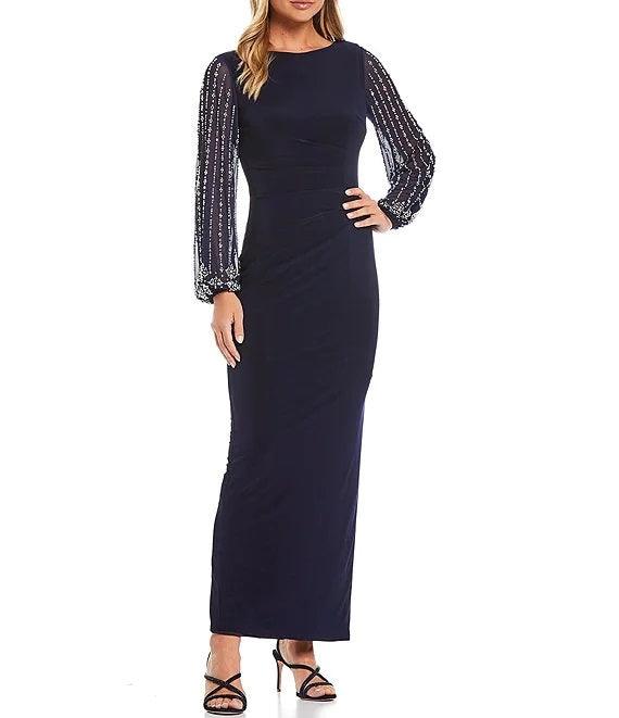 Marina Long Sleeve Formal Beaded Chiffon Dress