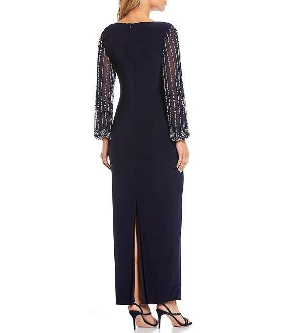 Marina Long Sleeve Formal Beaded Chiffon Dress - The Dress Outlet