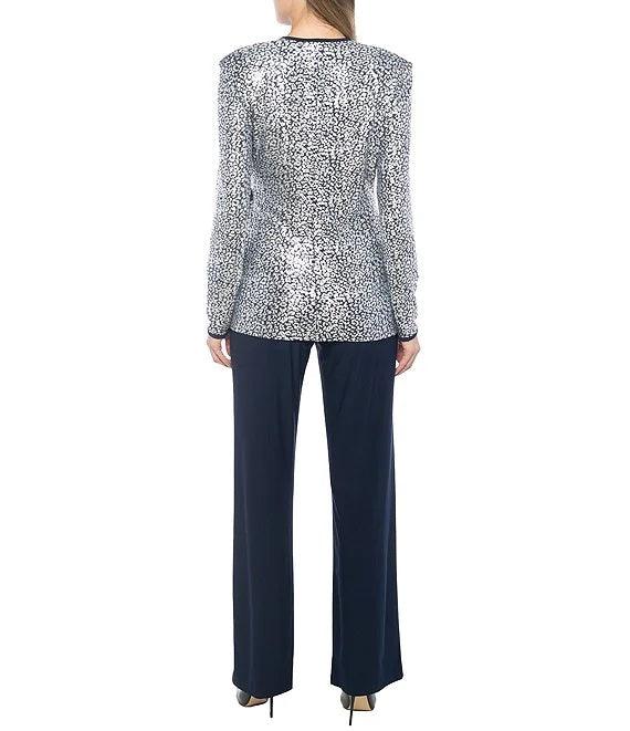 Marina Long Sleeve Formal Metallic Pant Suit - The Dress Outlet