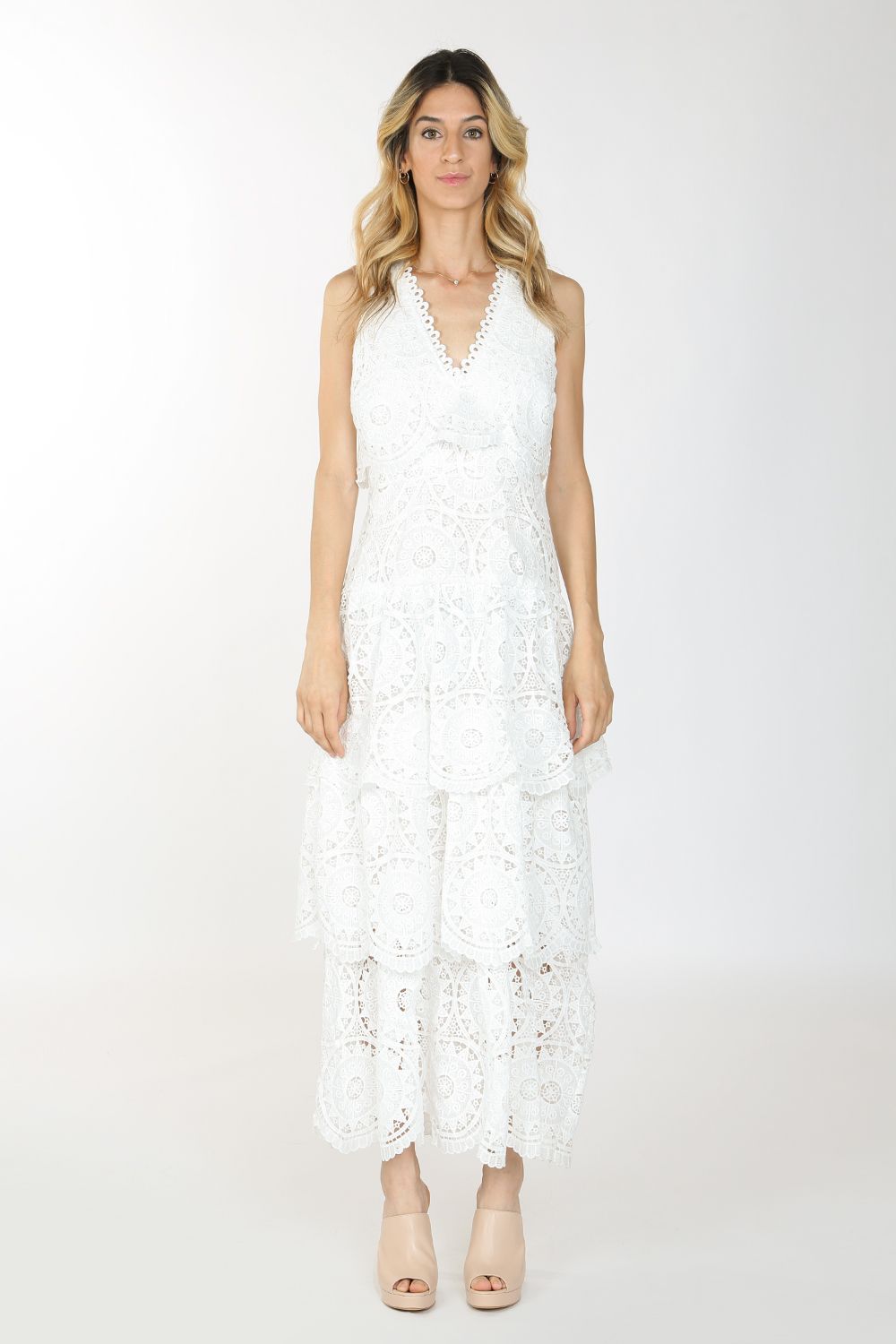 Long Sleeveless V Neck Lace Dress