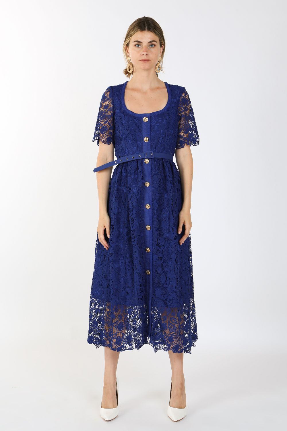 Beulah Styles Short Sleeve Square Neck Lace Maxi Dress - Blue - Size L - Tea Length Cocktail Dress Beulah Styles Short Sleeve Square Neck Lace Maxi Dress - Blue - Size L - Tea Length Cocktail Dress