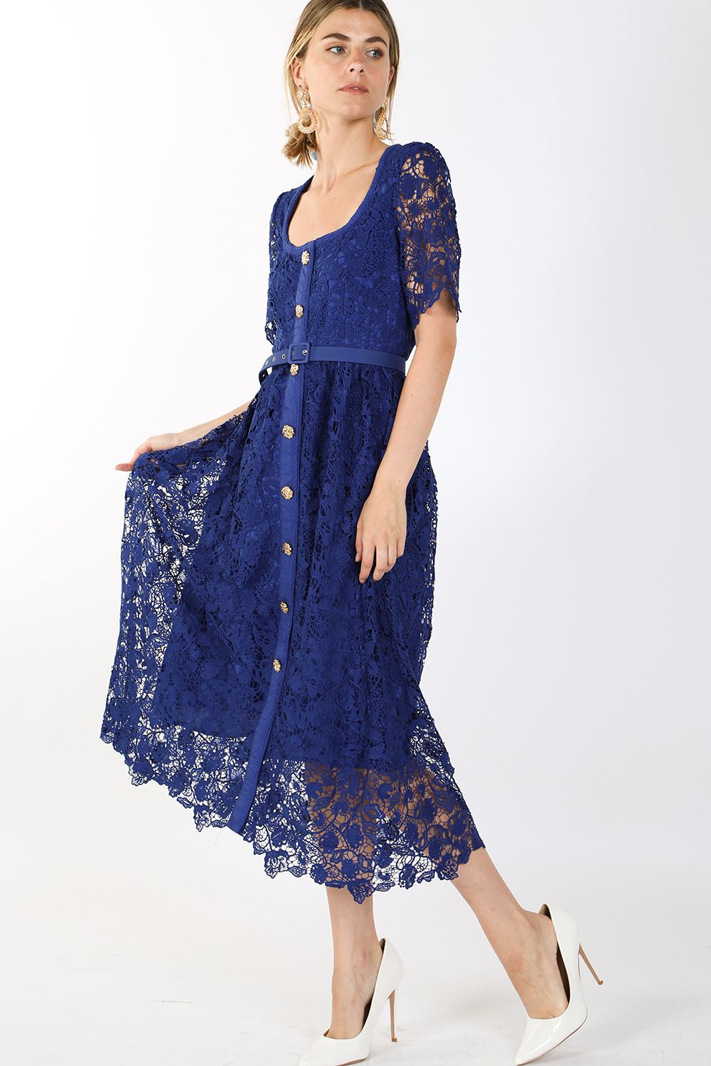 Short Sleeve Square Neck Lace Maxi Dress