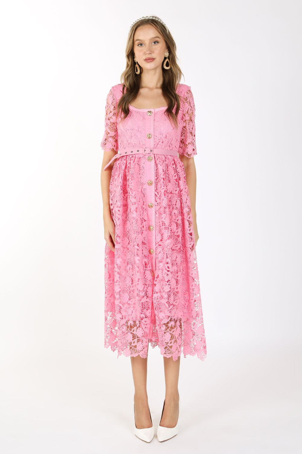Short Sleeve Square Neck Lace Maxi Dress