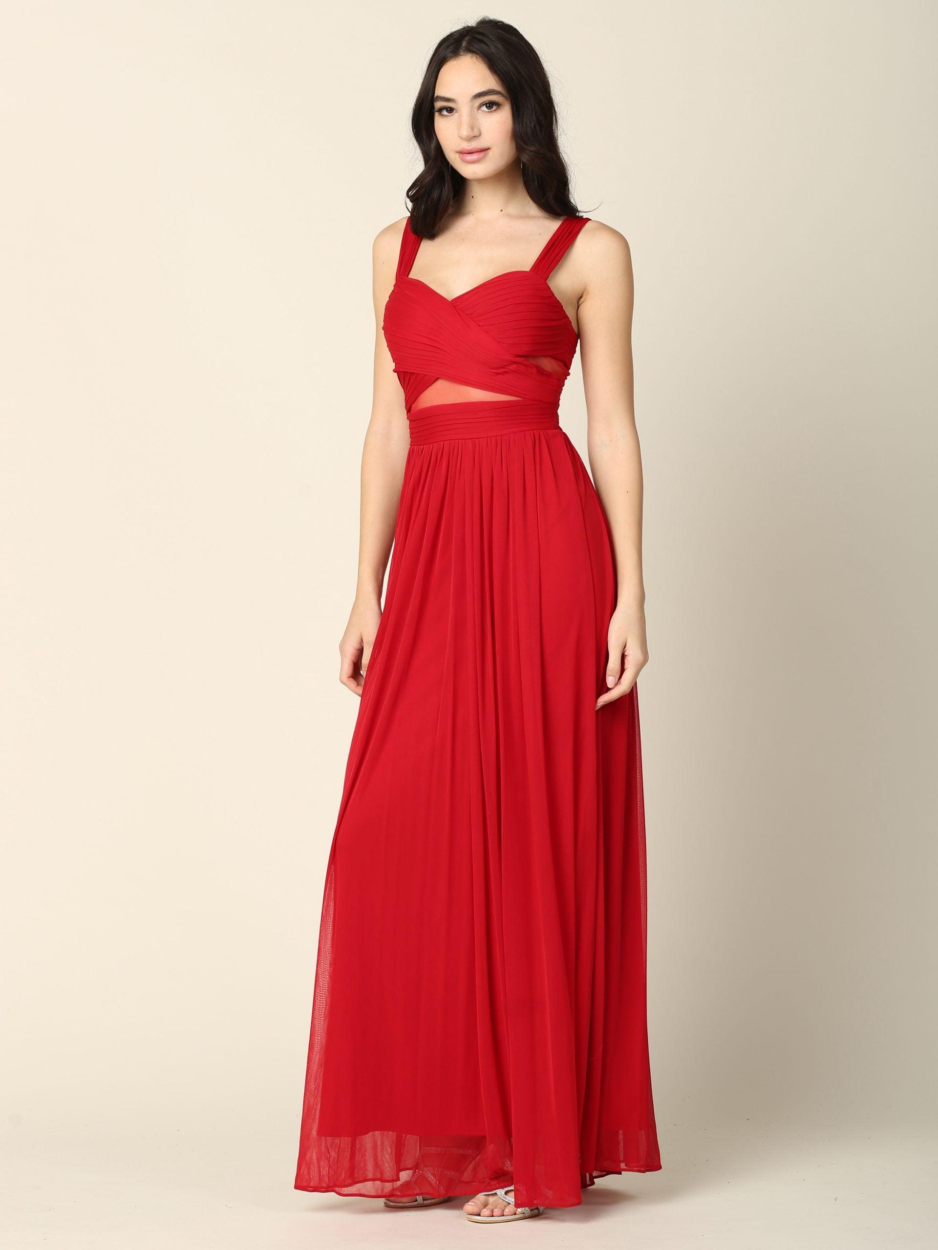 Mesh Sleeveless Long Bridesmaid Dress Red