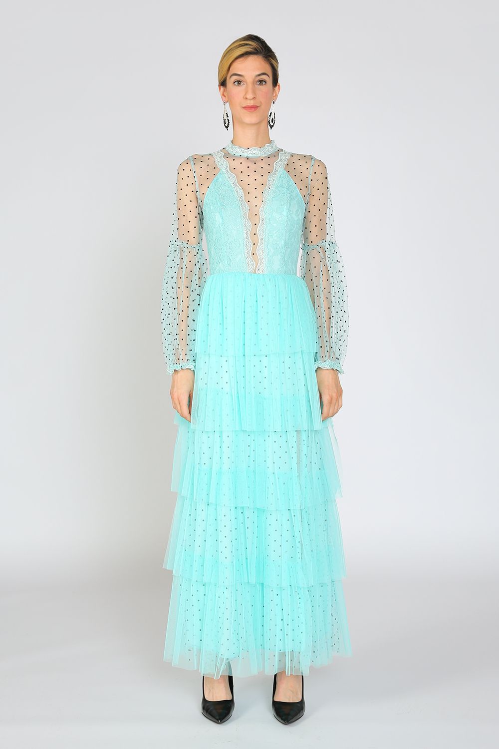 Long Sleeve Polka Dot Printed Mesh Layered Dress - Turquoise / M Long Sleeve Polka Dot Printed Mesh Layered Dress - Turquoise / M