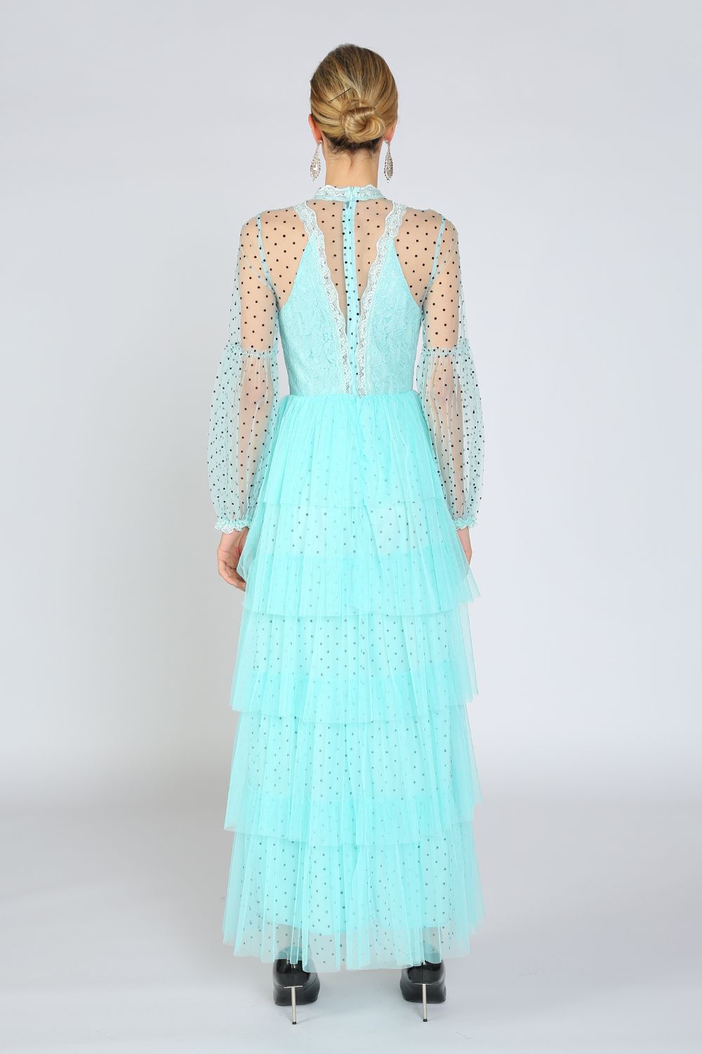Long Sleeve Polka Dot Printed Mesh Layered Dress - Turquoise / M Long Sleeve Polka Dot Printed Mesh Layered Dress - Turquoise / M